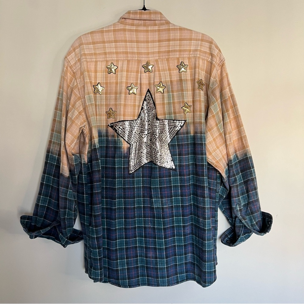Sequined Two-Tone Plaid Button-Down Flannel - Peach & Teal